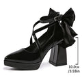 Punk Pointed Toe Thick Heels Mary Jane Shoes Women Bowknot Decor Cross Strap Platform Pumps Woman Patent Leather Party Shoes