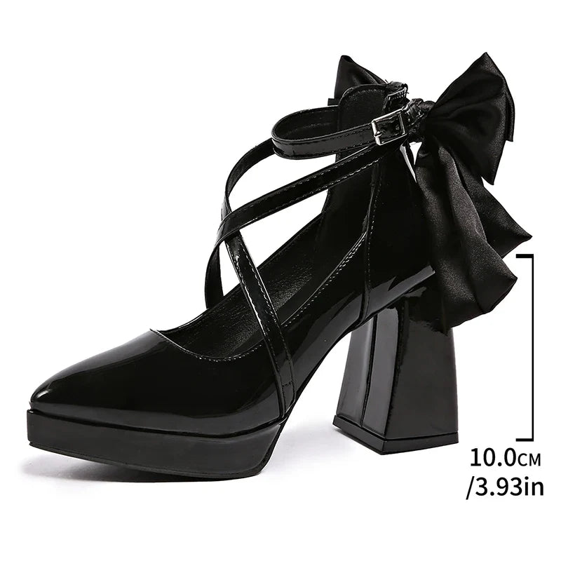 Punk Pointed Toe Thick Heels Mary Jane Shoes Women Bowknot Decor Cross Strap Platform Pumps Woman Patent Leather Party Shoes