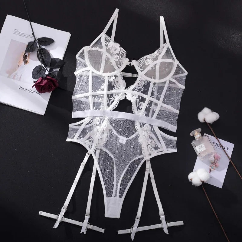 Toucheart Lace Sexy Skinny Babydoll Bodysuit Embroidery Erotic Private Adult Suit Solid Color Patchwork High Waisted Sexy Set