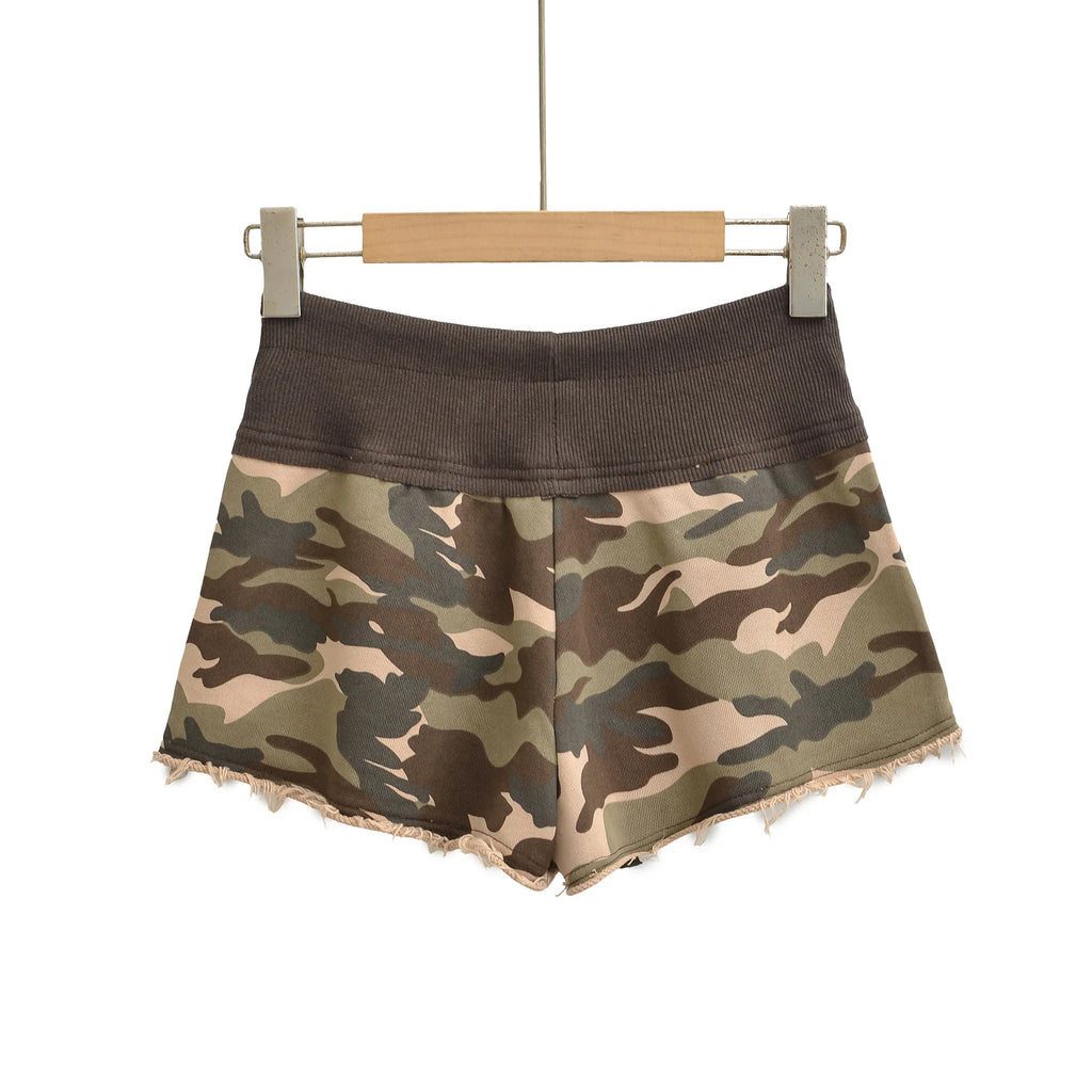 New American Style Camouflage Shorts Washed Frayed Drawstring Elastic Waist Patchwork Sexy Bodycon Hot Pants Shorts Elegant IHOH