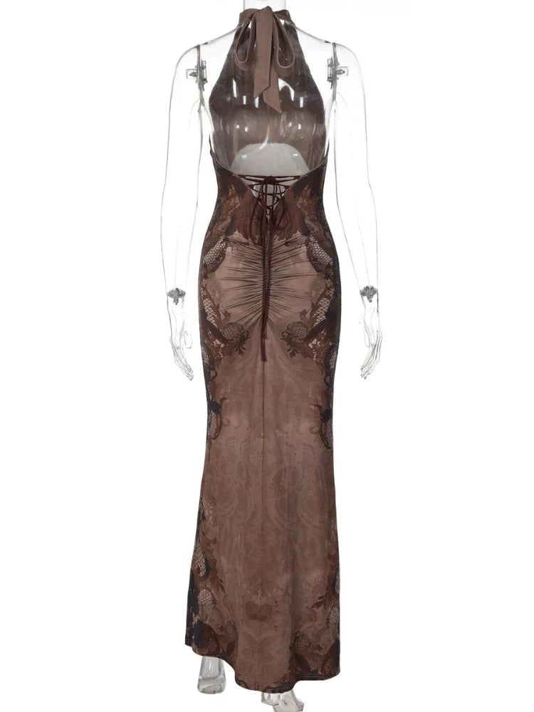 FDYOUI Women Vintage Halter Printed Long Party Club Dresses 2026 Summer Ladies Sexy Backless Lace-up Bodycon Evening Prom Dress
