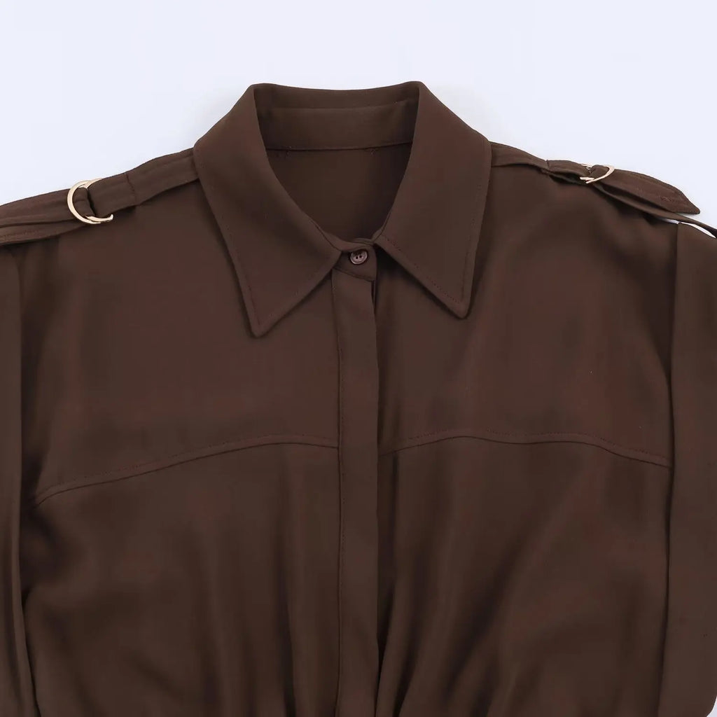 Women's Fashion Midi Dress Brown Sleeveless Shirt Dress For Women Shoulder Details Buttoned Waist Button Elegant For Wear PS9Y
