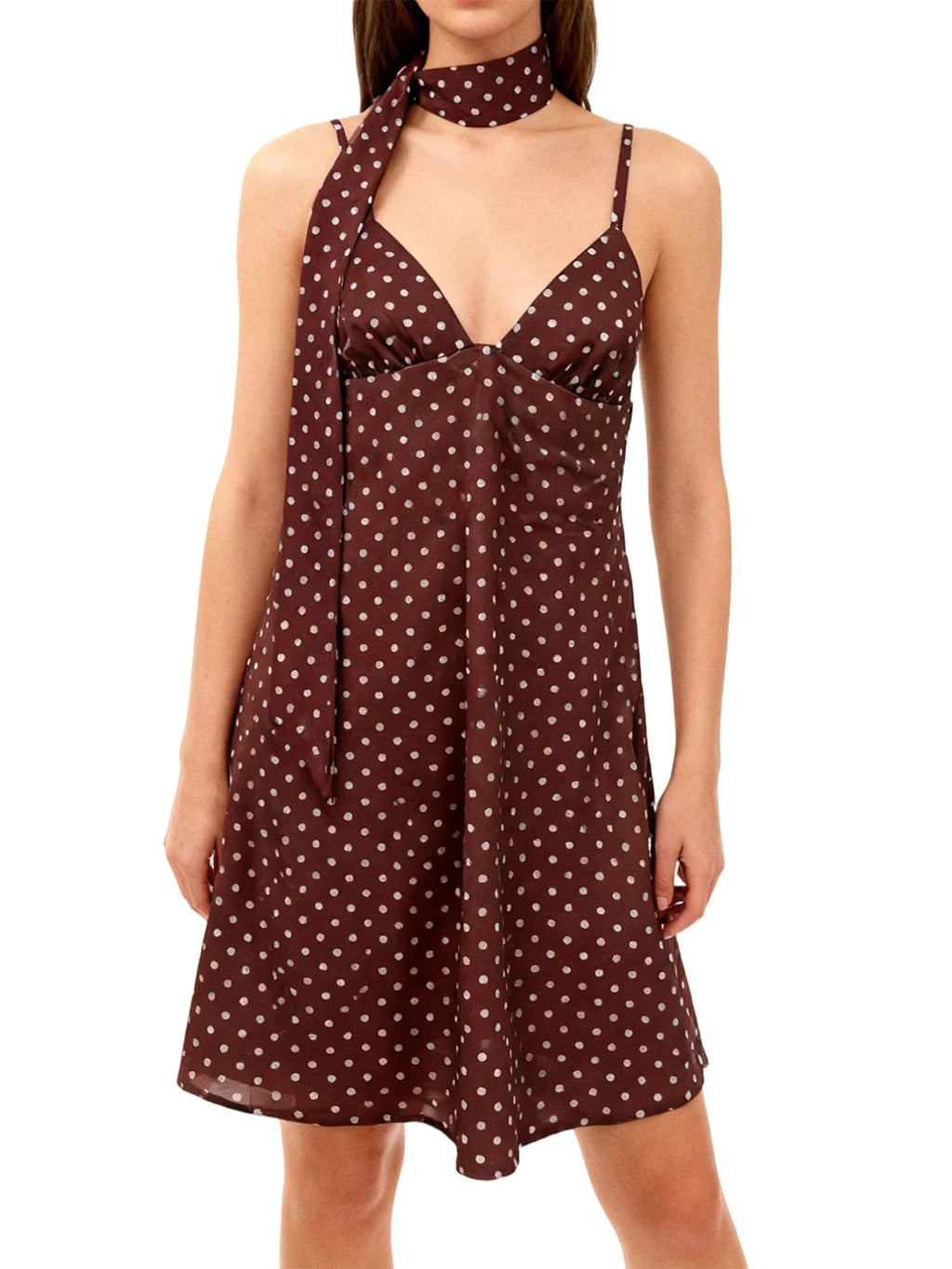 Women's Summer Mini Cami Dress A Line Stylish Dot Print Backless V Neck Spaghetti Strap Dresses with Scarf