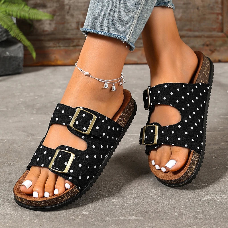 Vinatge Polka-Dot Birken Slippers Women 2026 Fashion Double Buckle Thick Sole Clogs Sandals Woman Plus Size 43 Summer Sandles
