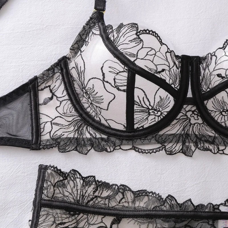 Toucheart Erotic Lingerie French Floral Embroidery See-through Mesh Push-up Underwire Sexy Body-shaping Thin Underwear Split Set