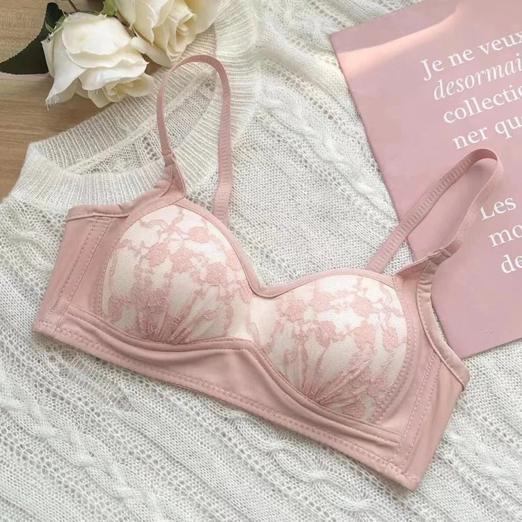 Summer Lace Half Cup Bra Small Bust Beachwear Gathering Light Support Pure Bralette Ultra Thin Wirefree Set AU MOYISU S-XL-32-38