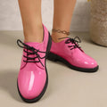British Style Versatile Lace-Up Patent Leather Women's Single Shoes round Toe Flat Heel Summer Pure Color Adult Footwear
