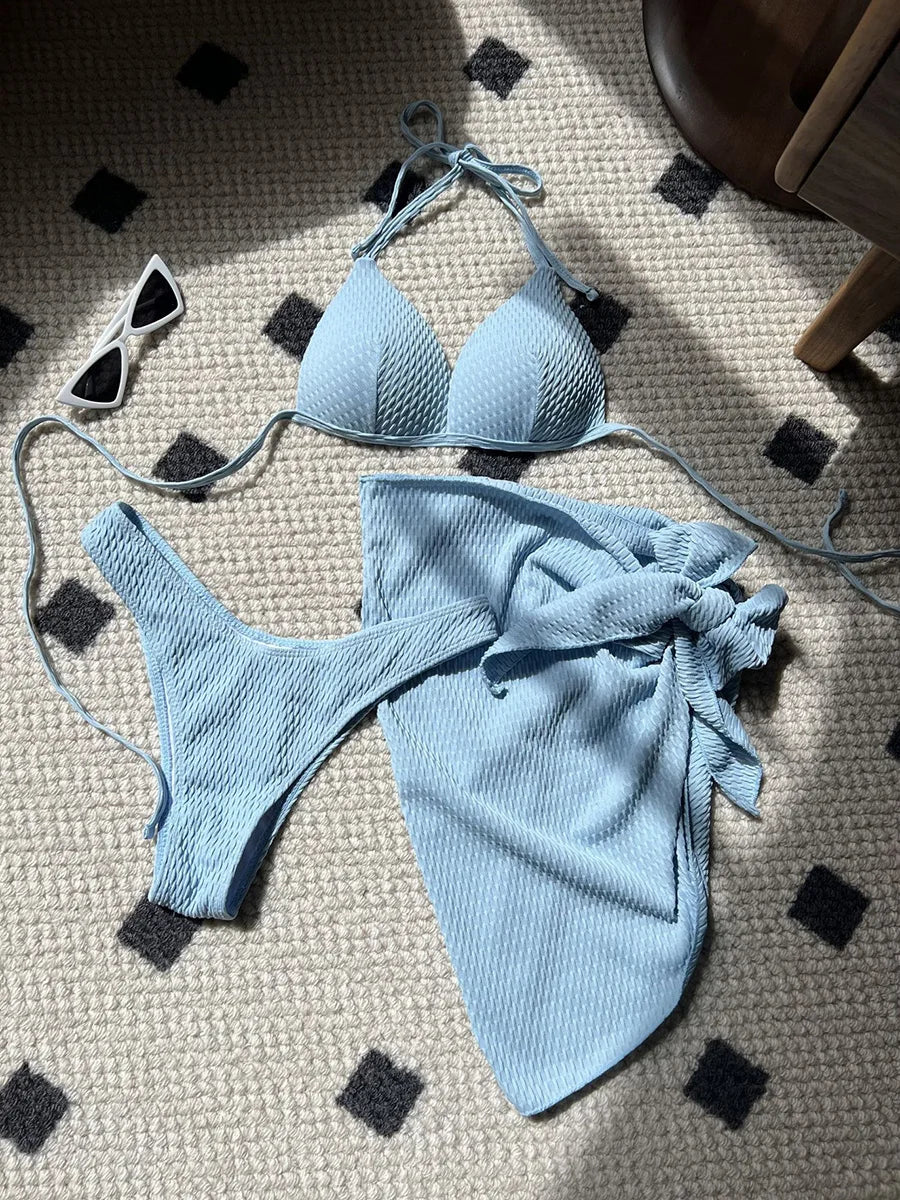 With Skirt Wrinkled Bra Cup Bikini Female Swimsuit Women Swimwear Three-pieces Bikini Set Push Up Bathing Suit Swim Beachwear