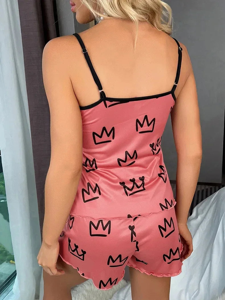 Summer Y2K Cute Cartoon Crown Print Sleepwear Women 2Pcs Crop Top and Shorts Pajamas Set Loungewear Sexy Pyjamas