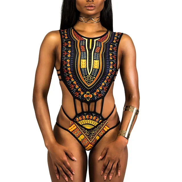 S - XXL Sexy African Print One Piece Swimsuit Women Swimwear Female High Cut Out Monokini Trikini Bather Bathing Suit Swim Lady