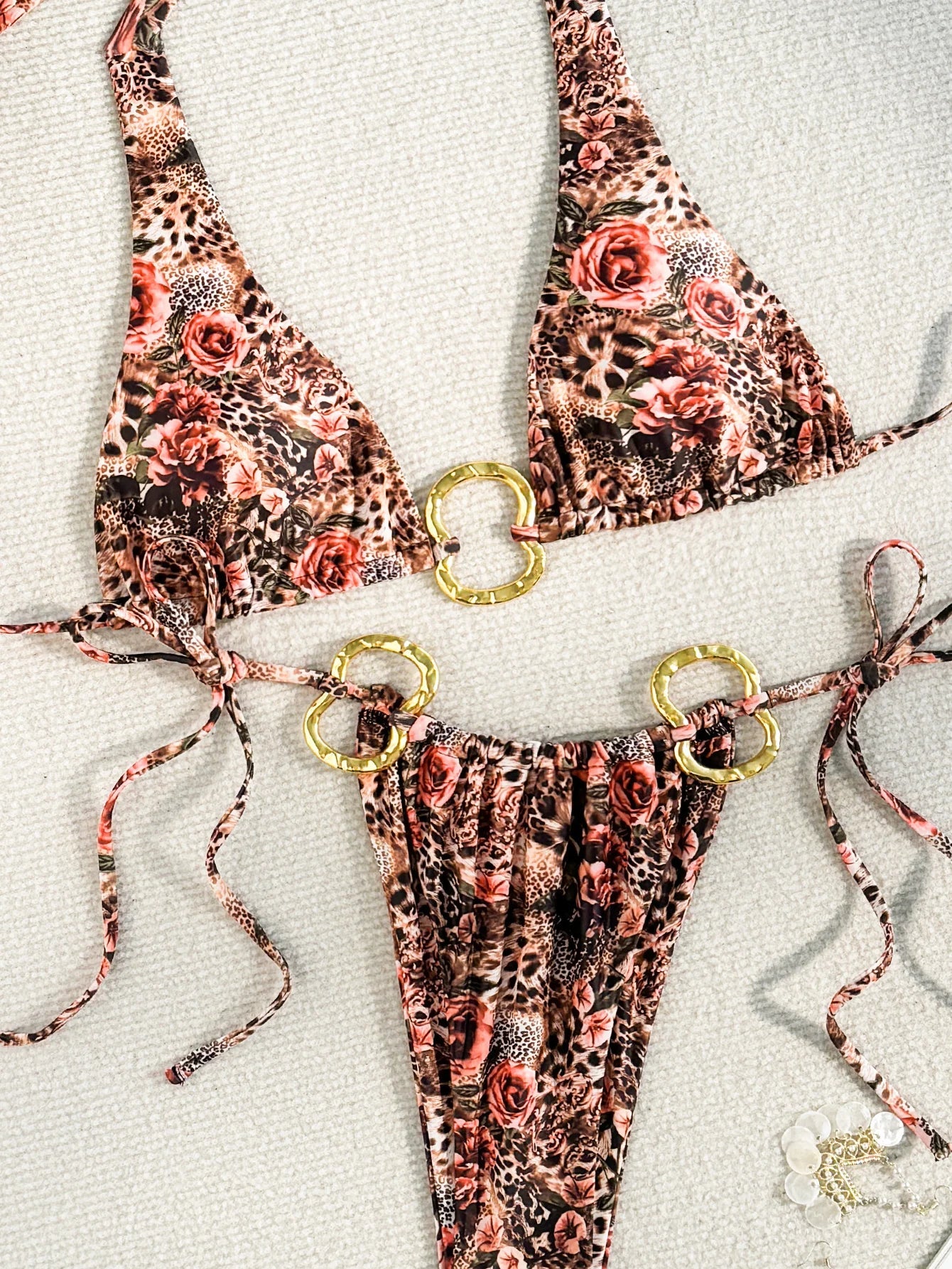 2026 Triangle Halter Thong Bikinis Women Printed Swimwear Female Sexy Ring Linked Swimsuit Bathers Bathing Swimming Swim Suit