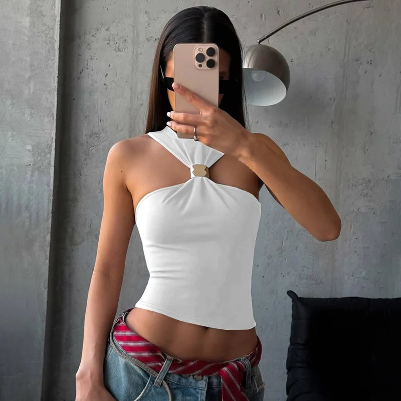 FDYOUI 2026 Summer Halter Neck Off Shoulder Corset High Street Women Sexy Sleeveless Crop Top Hollow Out Slim Tank Tops Clubwear