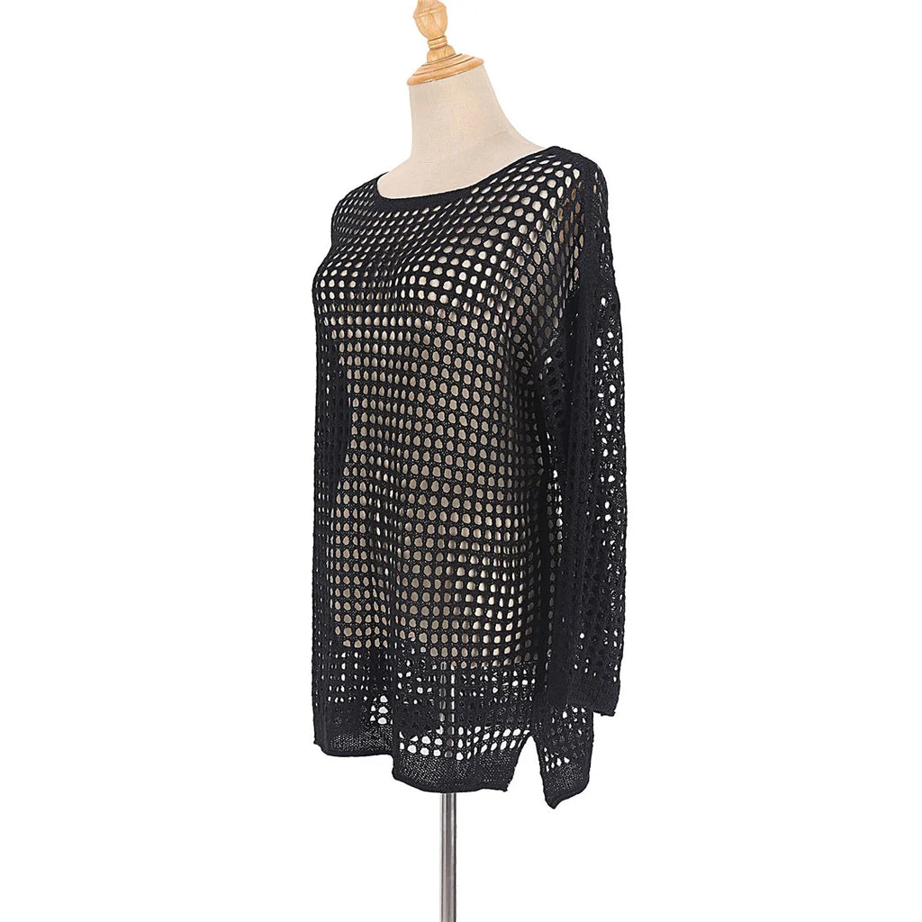 Long Sleeve Hollow Out Top Crochet Knitted Tunic Beach Cover Up Cover-ups Beach Dress Beach Wear Beachwear Female Women V4250