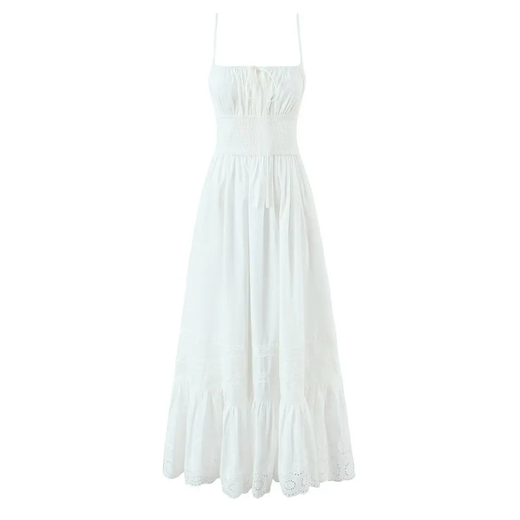 Women's Fashion All-Cotton Strap Long Dress Women's Satin Dress Lace Trim Elegant Evening Wear Dress For Woman Sleeveless GNTG