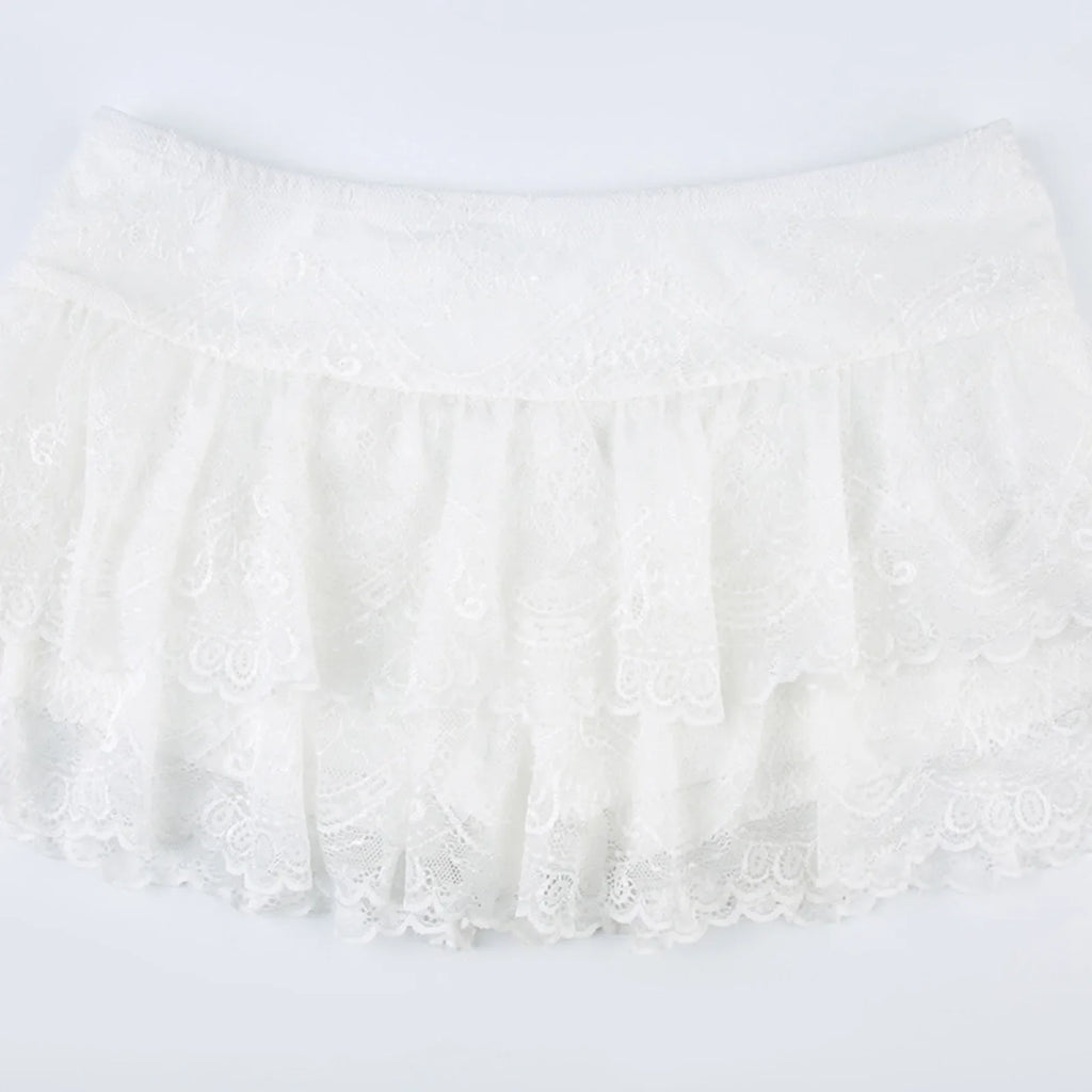 Y2k Women Lace Mini Skirt Ruffle Low Waist Double Layer Short A Line Skirts Fairycore Layered Korean Summer Skirts Streetwear
