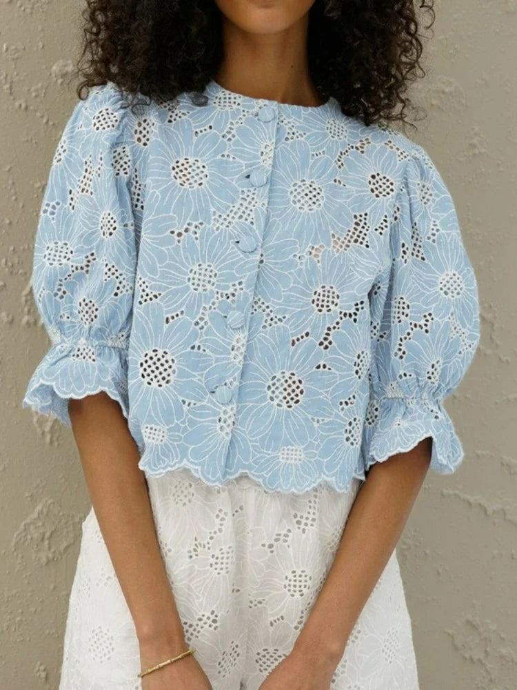 FFDYOUI Woman Clothing Embroidered Shirts Blue High Green Ladies O-neck Single Breasted Half Sleeve Cropped Tops Fashion Shirt