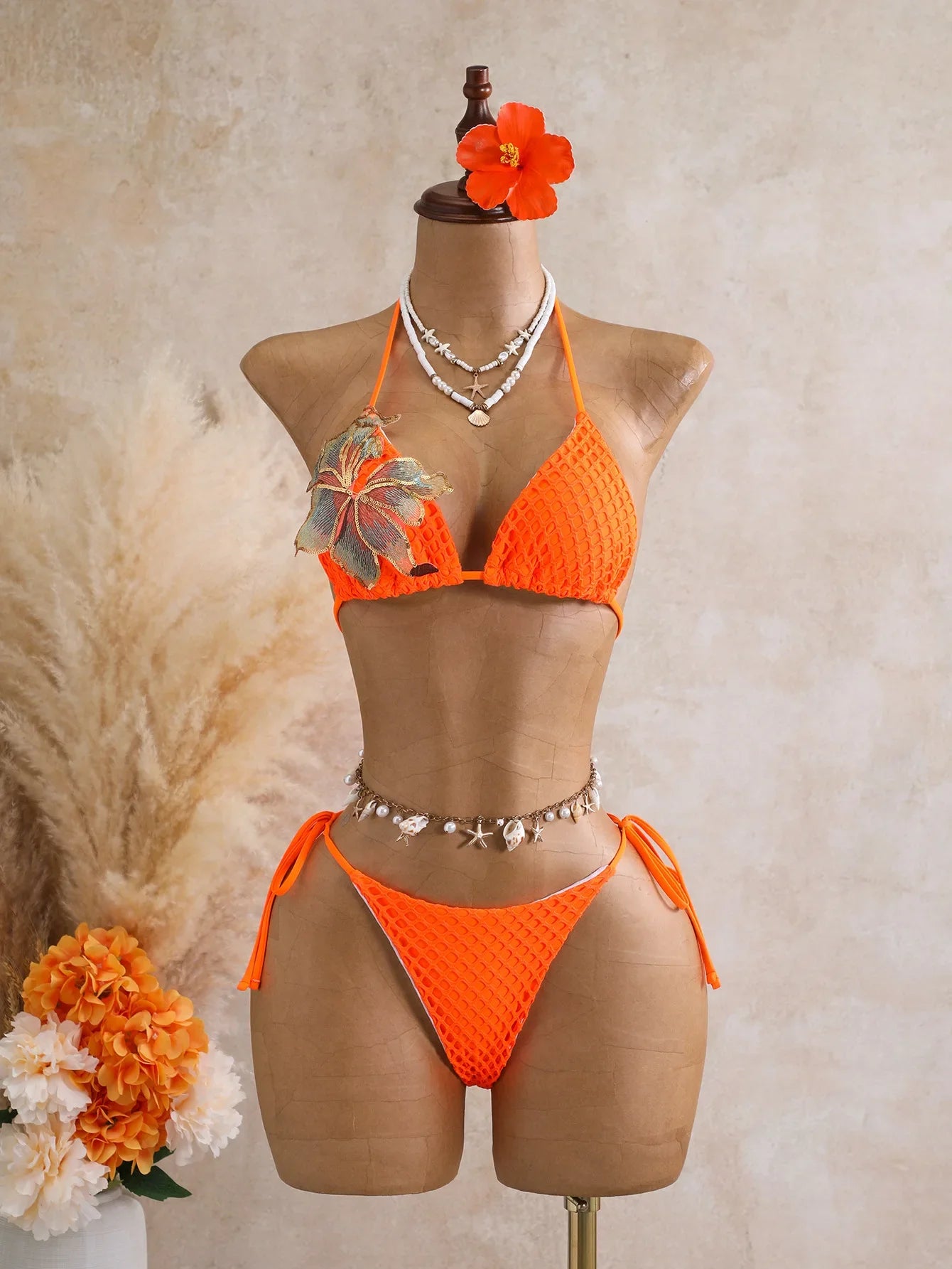 Sexy Black 3D Flower Holiday Bikini Set 2026 Women Drawstring Side Knitted Cover Up 3 Piece Swimsuit Beach Bathing Suit Swimwear