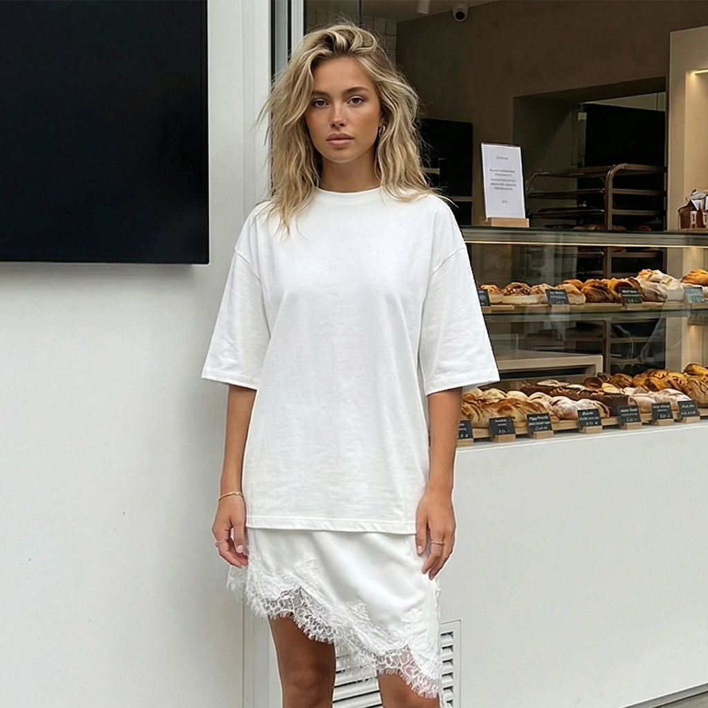 Women 3/4 Length Sleeve Crew Neck Casual Loose Fit Long Tops Summer Lace Patchwork Hem Solid Color T Shirts
