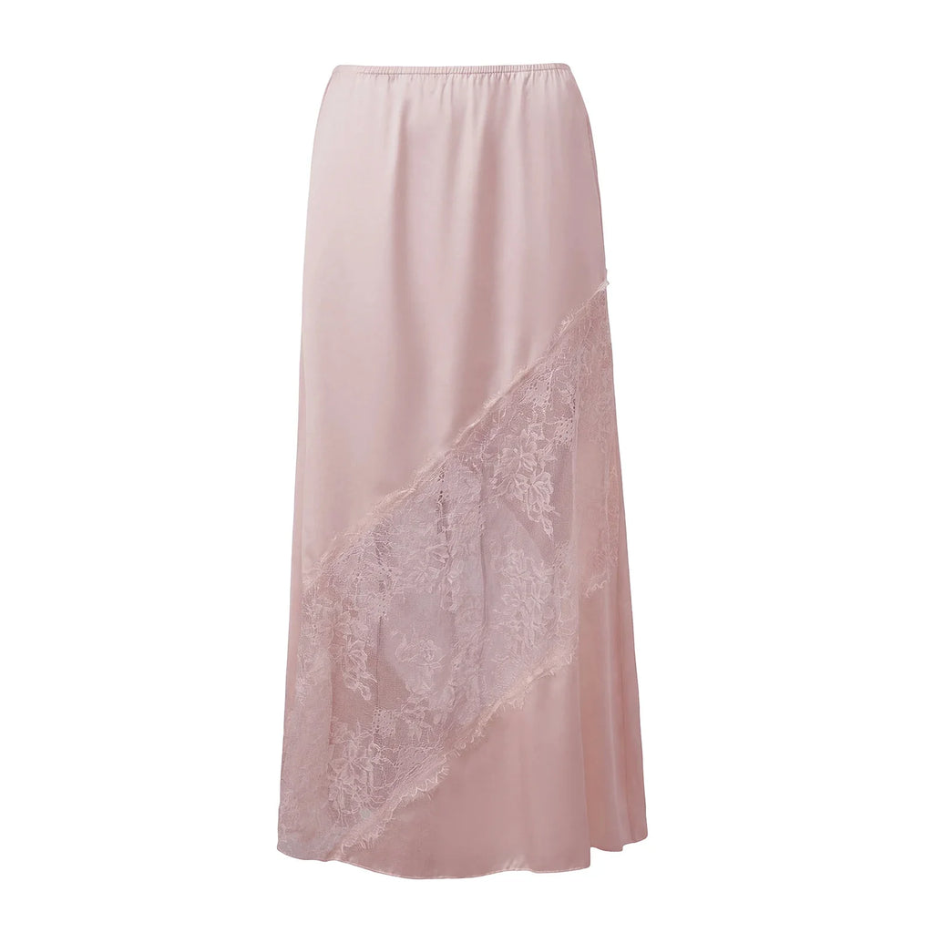 Fashion Stylish Women's Long Skirt Solid Color Satin Lace Patchwork Mid Rise Skirt for Spring Summer