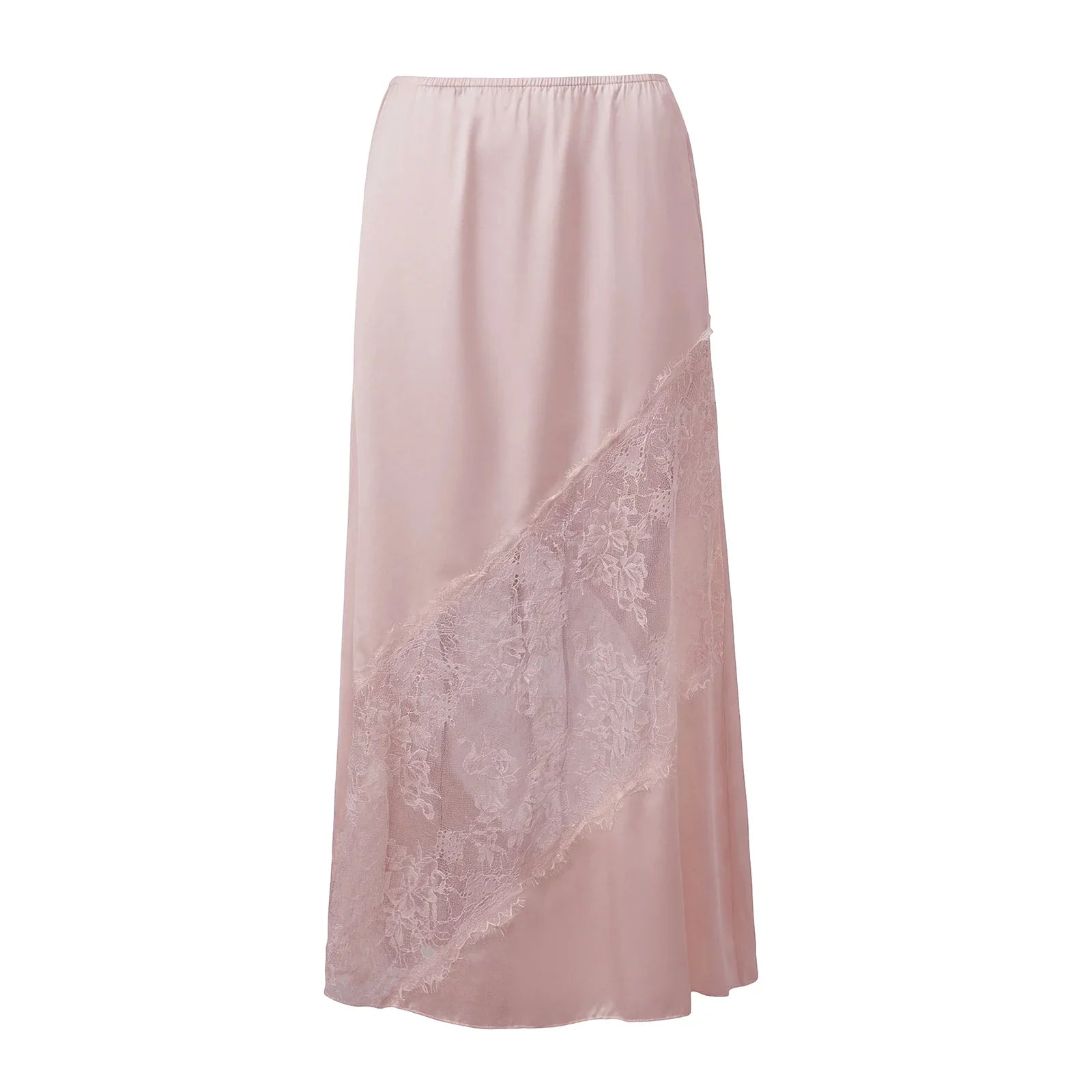 Fashion Stylish Women's Long Skirt Solid Color Satin Lace Patchwork Mid Rise Skirt for Spring Summer