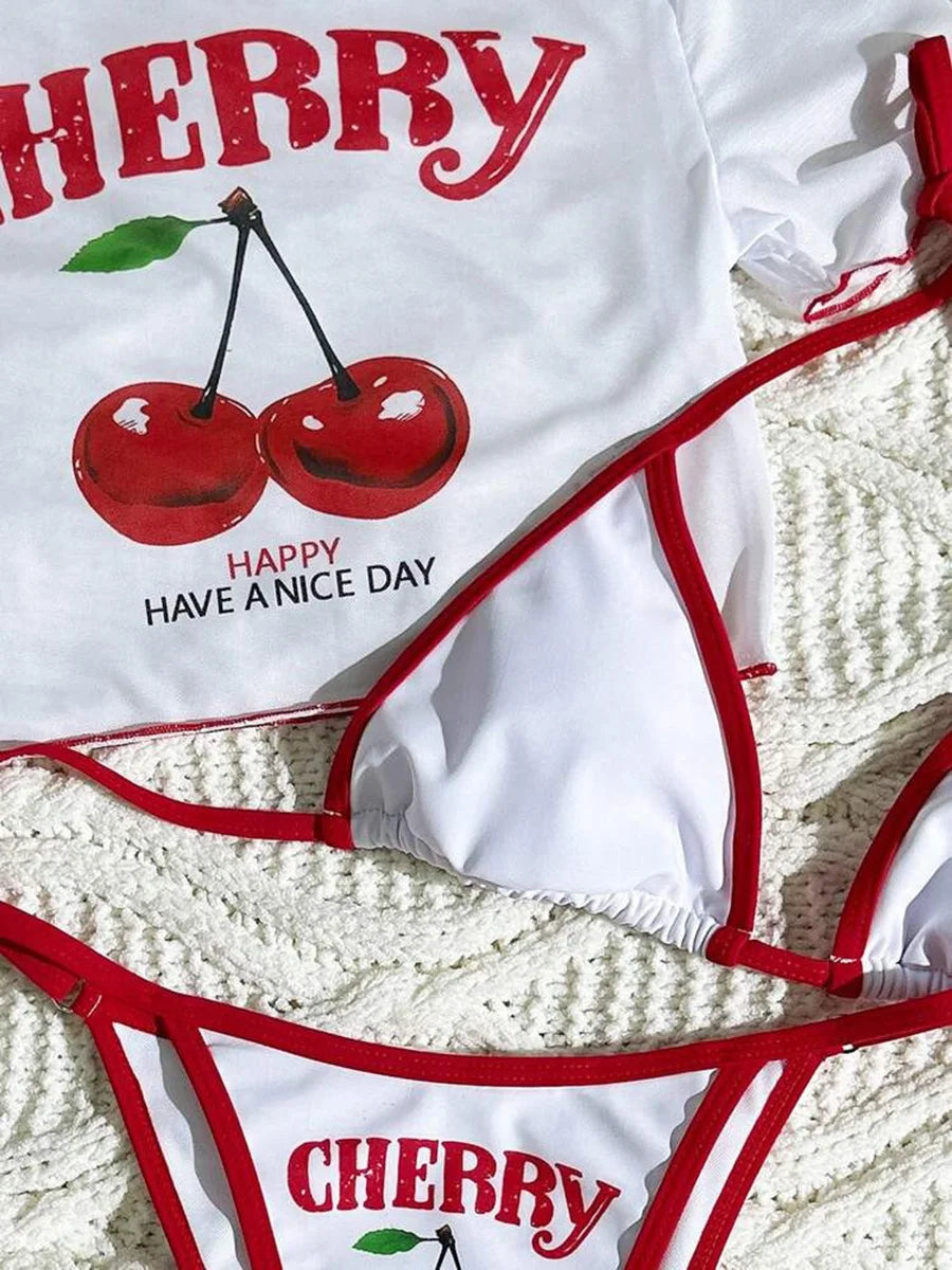 Cherry Print Mesh Short Sleeve Bikini Female Swimsuit Women Swimwear Three-pieces Bikini Set Micro Bathing Suit Swim Beachwear