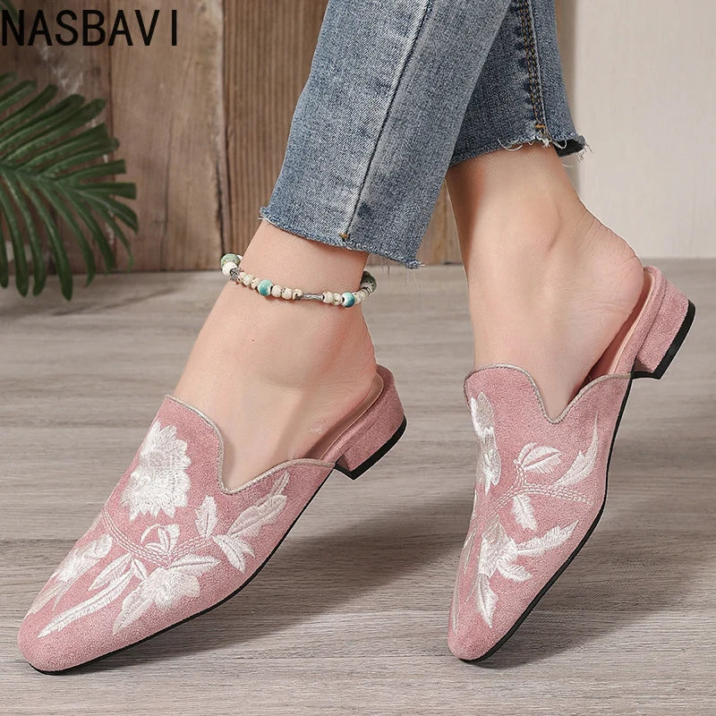 NASBAVI Fashion 3d Embroidery Mules Women Fur Slippers Velvet Shoes Ladies Low Heel Flower Decoration Sandals Women's Flip Flops