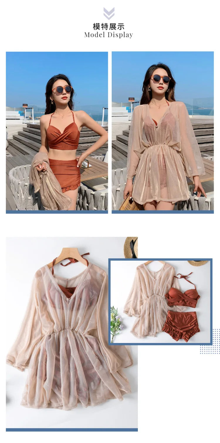 New women's swimsuit split bikini three-piece boxer long-sleeved spa swimsuit