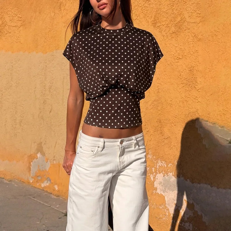 FDYOUI Women's O-neck Polka Dot T-shirt 2026 Summer O-neck Drop-sleeve Tunics Tops Fashion Loose Corset Tee Shirts Female Top