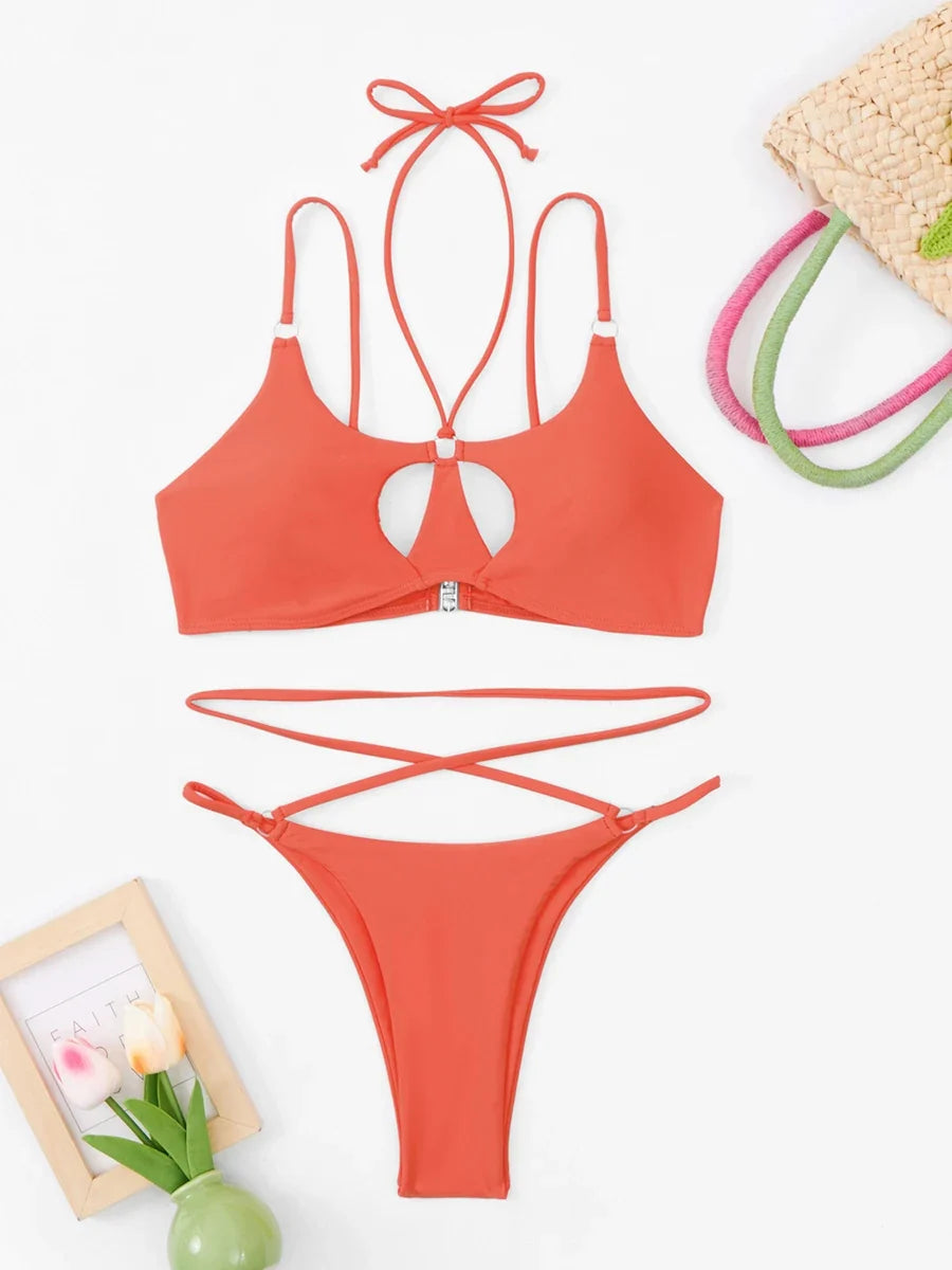Sexy Halter Cross Bikini 2026 Women String Trikini Set Hollow Out Swimsuit Solid Swimwear Female Lady Bathing Swimming Swim Suit