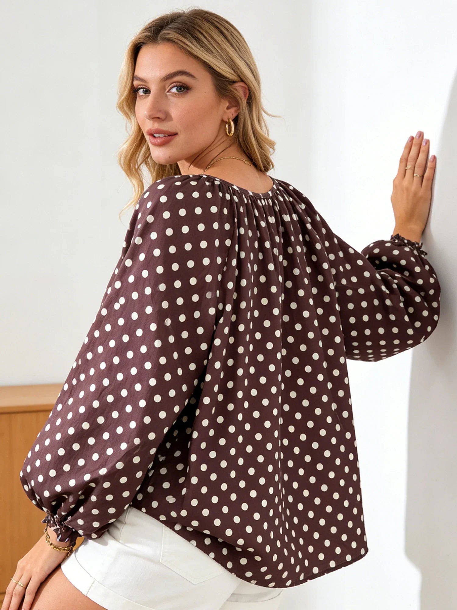 Women Puff Long Sleeve Crew Neck Spring Fall Tops Fashion Dot Print Casual Loose Fit Flowy Blouse