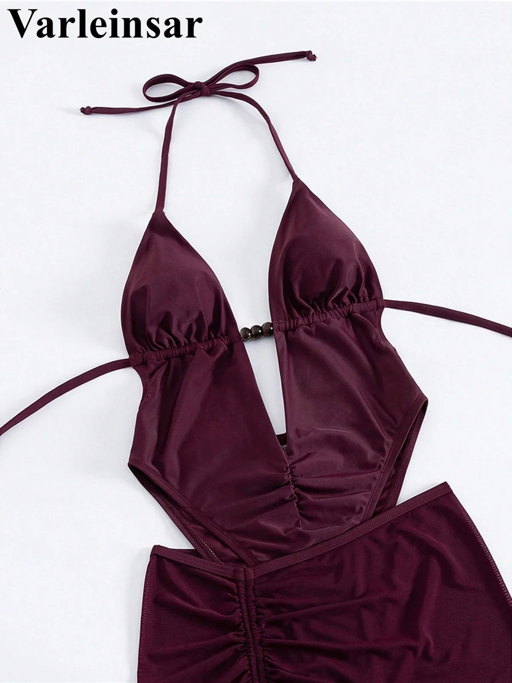Sexy With Skirt Halter Deep V Neck Women Swimwear One Piece Swimsuit Female High Leg Cut Backless Bather Bathing Suit Swim V8112