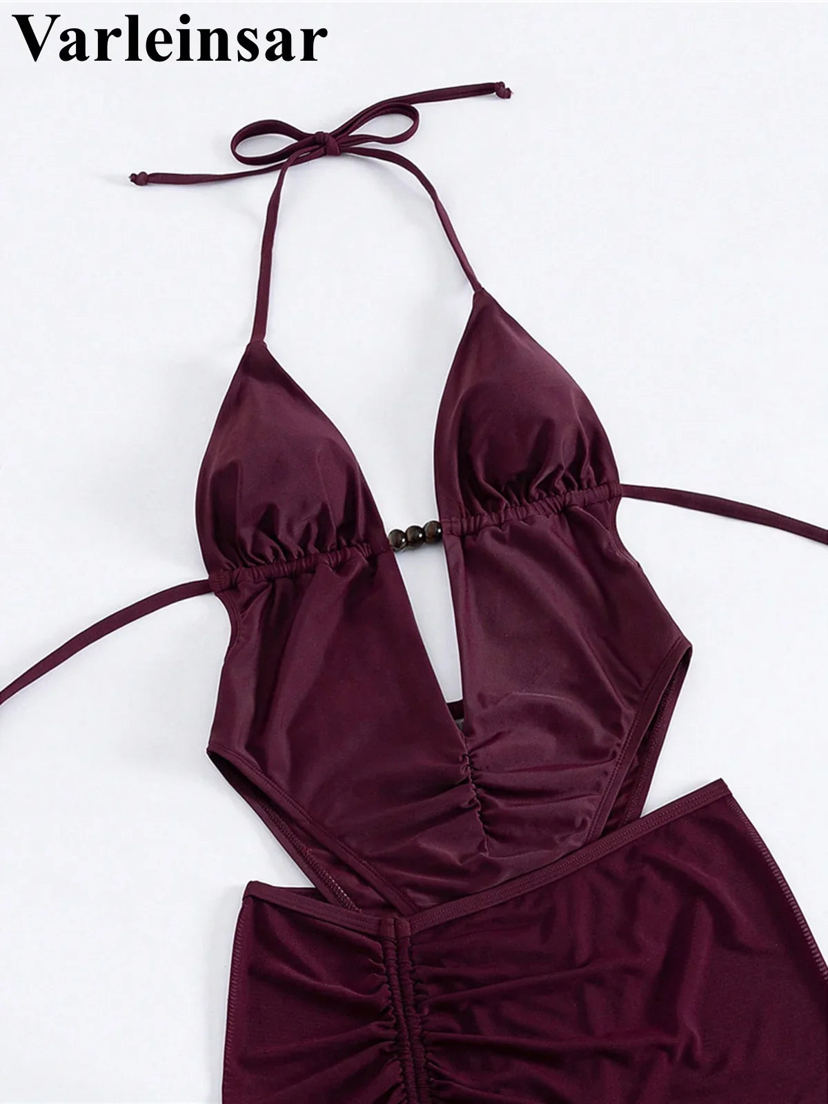 Sexy With Skirt Halter Deep V Neck Women Swimwear One Piece Swimsuit Female High Leg Cut Backless Bather Bathing Suit Swim V8112