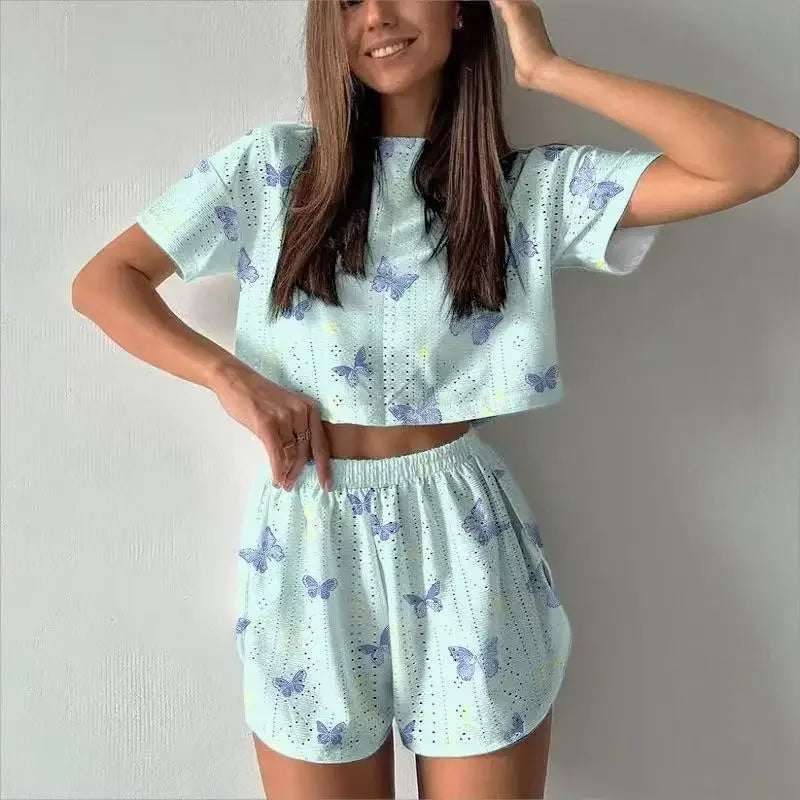Summer Sleepwear Women's Two-pieces Pajamas Set Breathable Printing Casual Short Sleeved Tops and Shorts Sets Loungewear