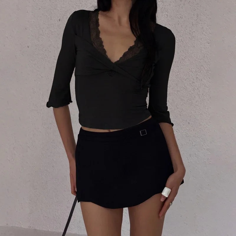FDYOUI Women's T-shirt Tops Casual Fashion Lace Patchwork Green T Shirts Female Clothing V-neck Ruched Slim Crop Top Streetwear