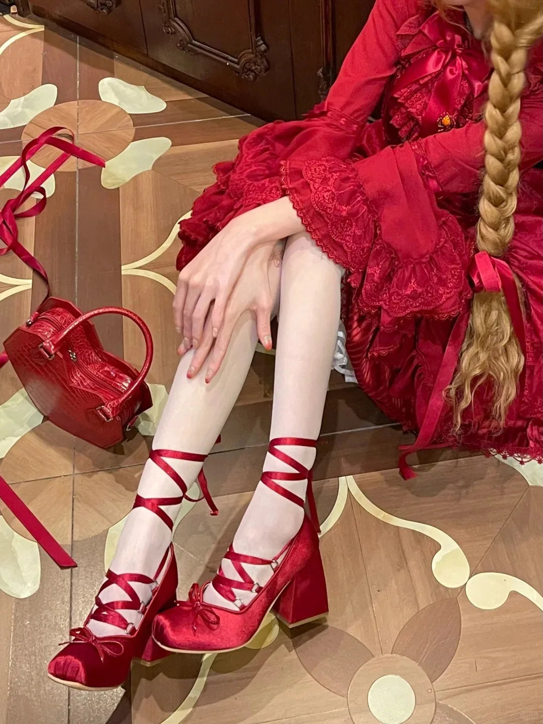 2026 Plus Size 43 Retro Red Lolita Ankle Wrap Pumps Sweet 5cm Med Square Heels Gothic Cosplay Ballet Mary Janes Shoes Women