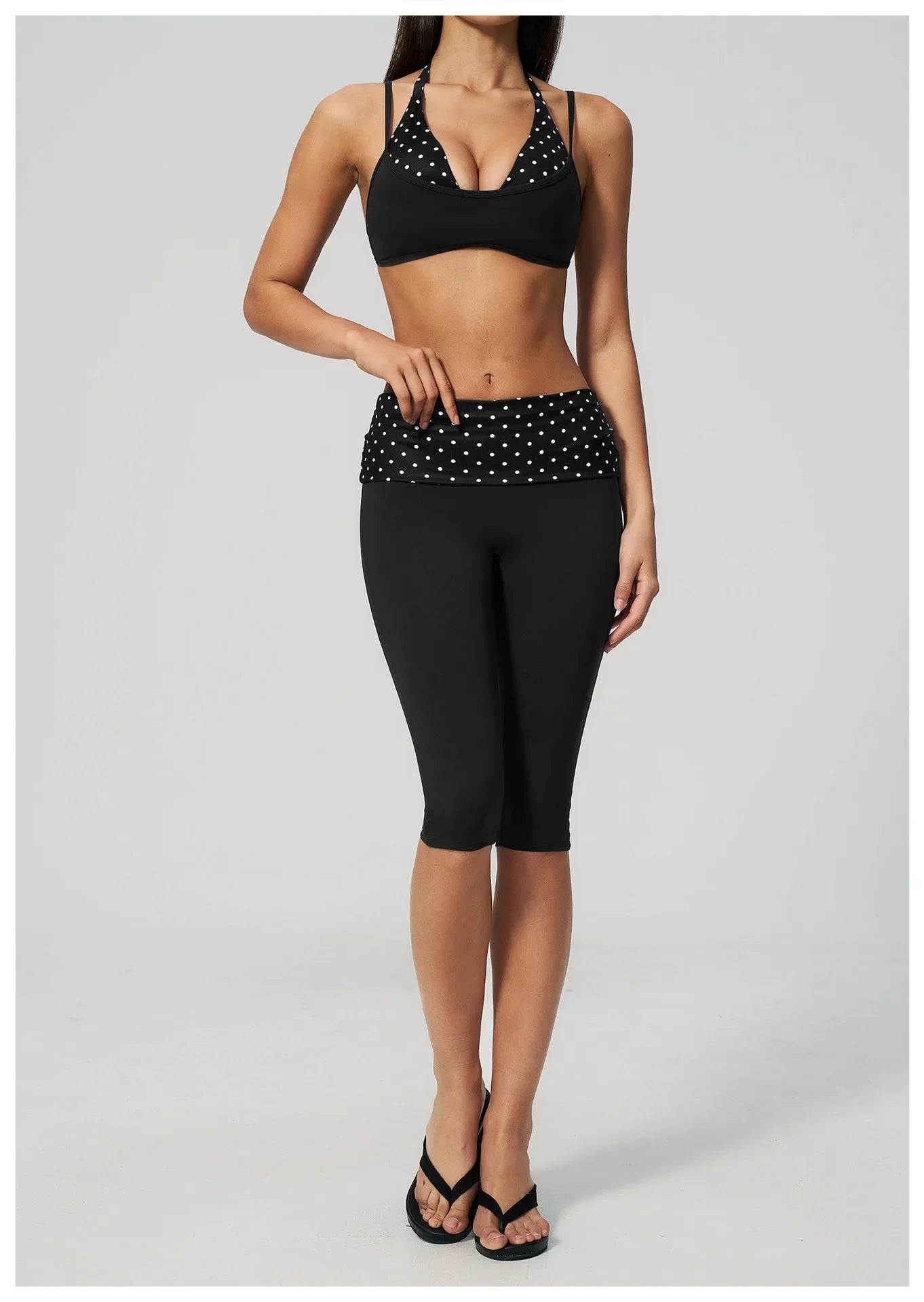 Summer Polka Dot Yoga Sets Women Hanging Neck Shockproof Sports Bra Fitness Suit Folding High Waist Mid Pants Gym Tracksuit