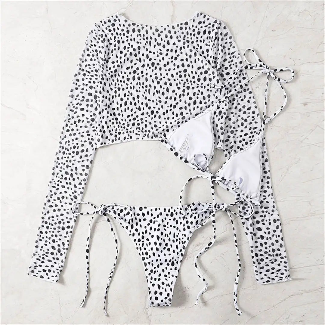 S- XXL Leopard Printed Long Sleeve Bikini Women Swimwear Female Swimsuit Three-Pieces Bikini Set Bather Bathing Suit Swim V3193Y
