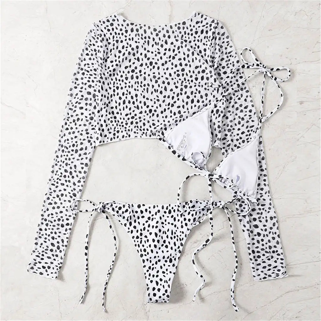 S- XXL Leopard Printed Long Sleeve Bikini Women Swimwear Female Swimsuit Three-piece Bikini set Bather Bathing Suit Swim V3193SW