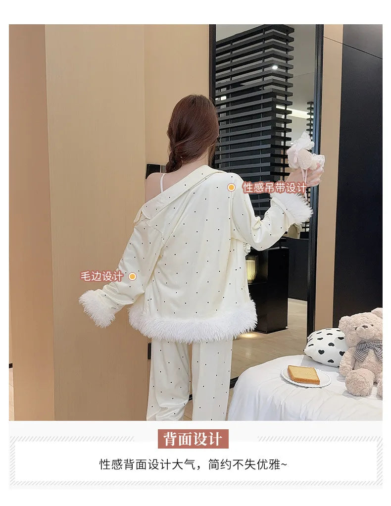 Fashionable Home Pajamas Three-piece Set Island Velvet Pajamas Spring and Autumn Suspenders Sexy Homewear Casual Suit