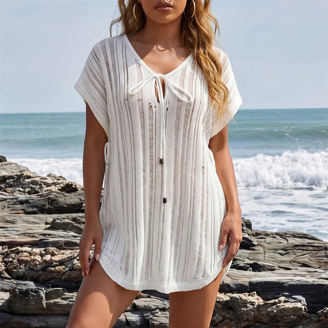 2026 New Short Sleeve V Neck Crochet Knitted Tunic Beach Cover Up Cover-ups Beach Dress Beach Wear Beachwear Female Women V8211