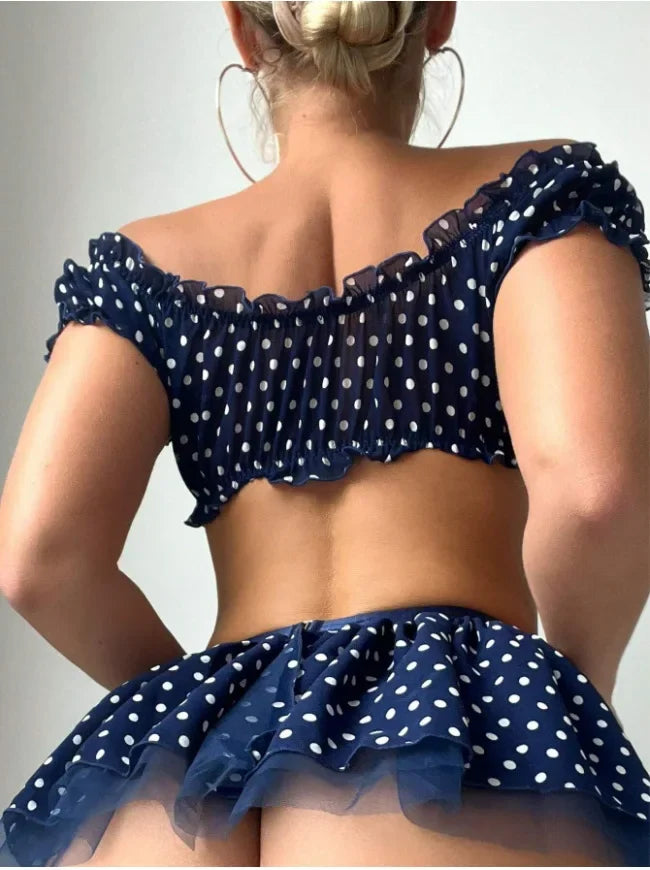 Women's Polka Dot Shoulder Revealing Puffy Skirt Set Sexy Lace Top Skirt Thongs Underwear Suits Mesh Perspective Exotic Sets