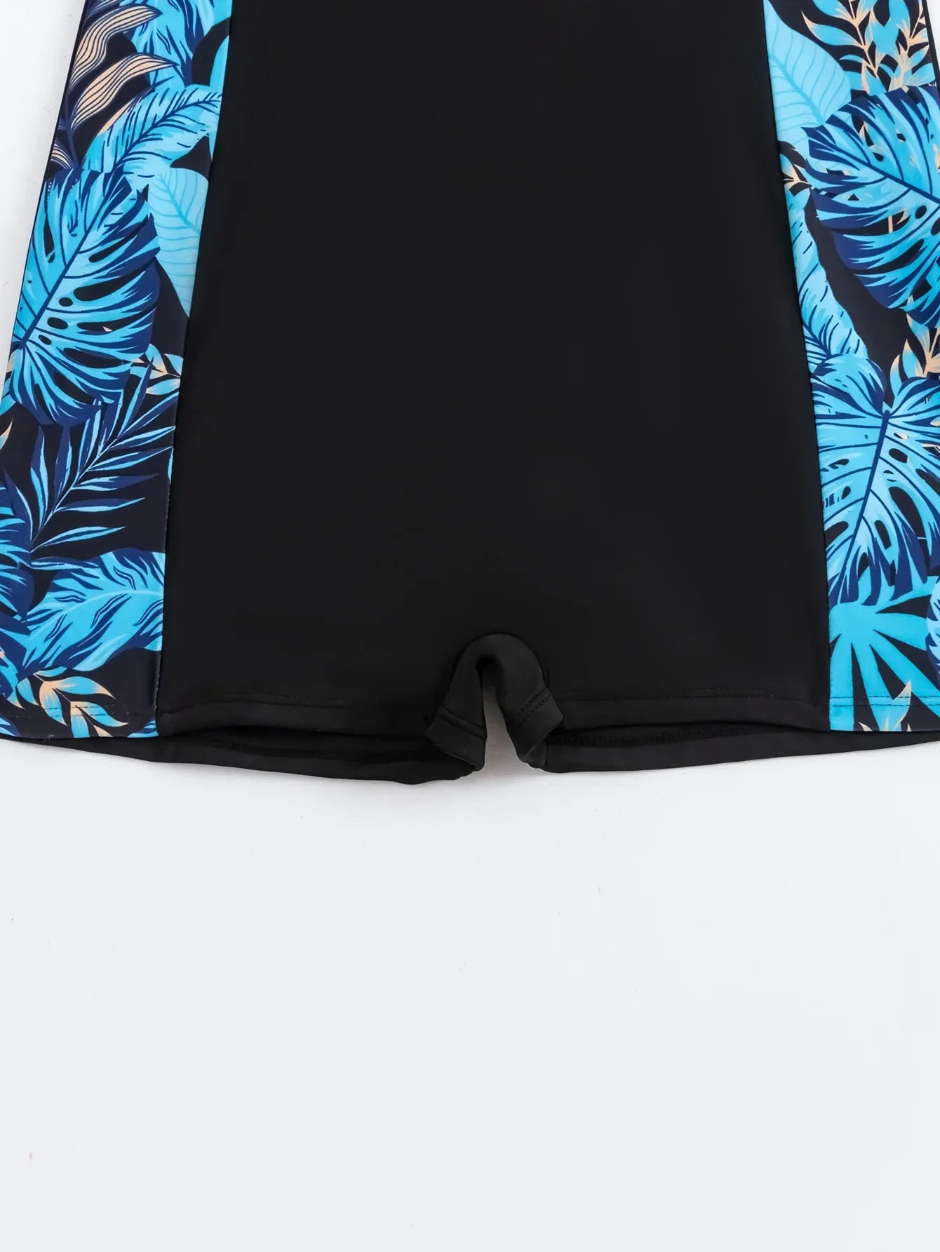 Vintage Blue Leaves Print Spliced One Piece Swimsuit Surfing Suit for Women Zipper Conservative Sports Bathing Suit Swimwear