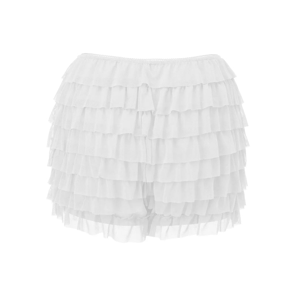 Women’s Layered Ruffle Bloomers Fashion Low Waist Bow Front Solid Color Shorts Casual Summer Mini Shorts