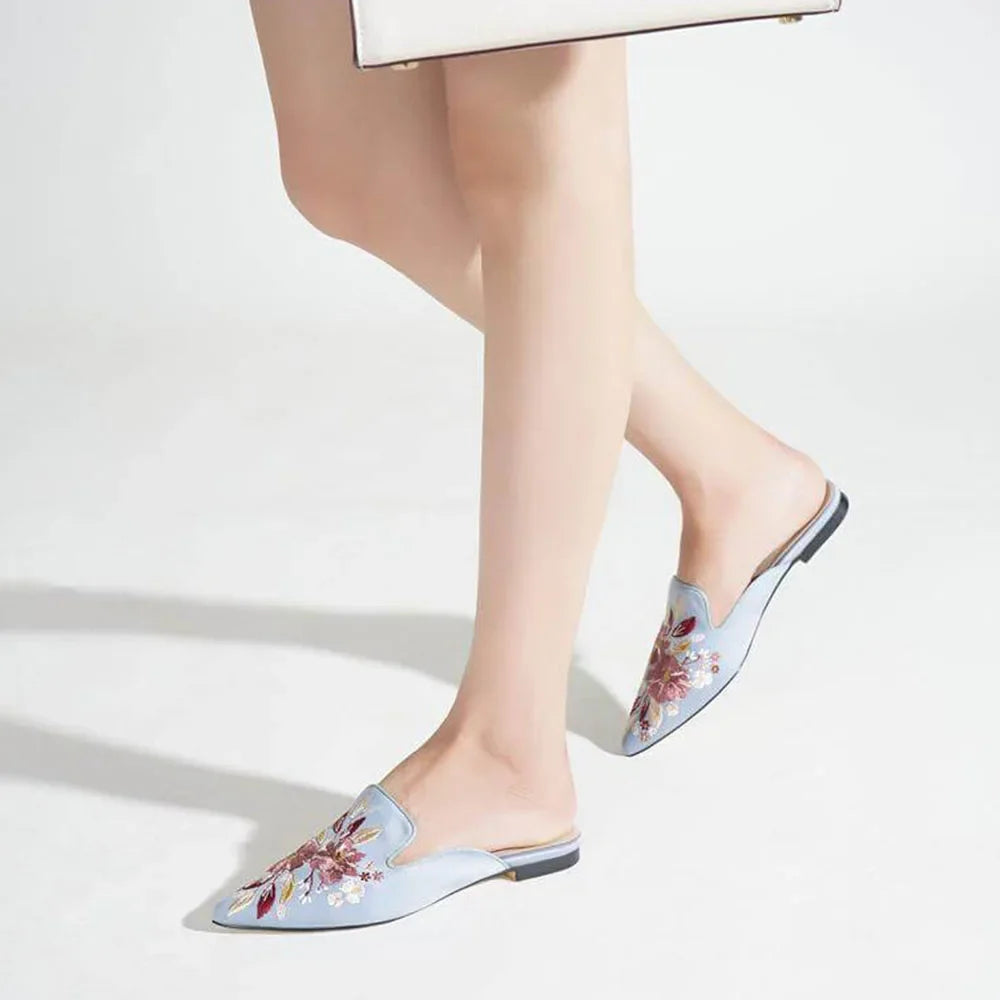 2026 Big Size 43 Summer Women's Blue Mules Slipper Sandals with Silk Flowers Embroidery Comfy Walking Slide Flat Satin Shoes