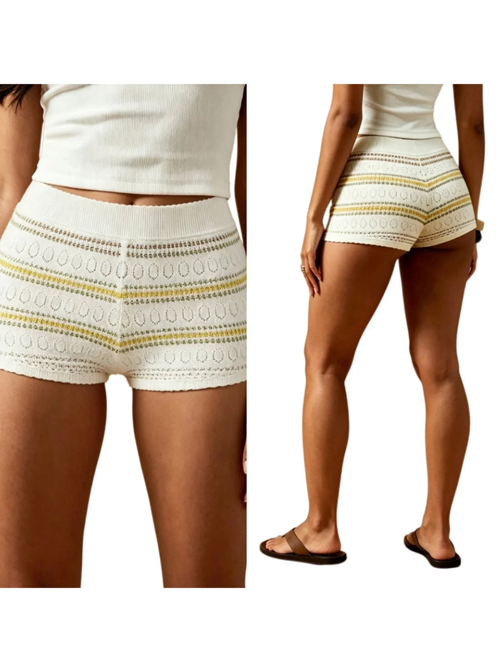 Summer Women's Knit Mini Shorts Elastic Waist Skinny Striped Print Micro Shorts Casual Daily Club Short Pants Beach Cover-ups
