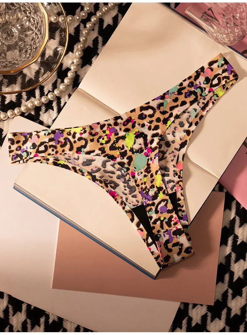 Ice Silk Leopard Women Panties Sexy G String Thong Seamless Underwear T Back Candy Color Girls Briefs Underpants Plus Size M-XXL