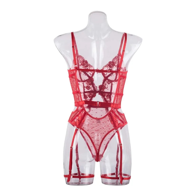 Toucheart Lace Sexy Skinny Babydoll Bodysuit Embroidery Erotic Private Adult Suit Solid Color Patchwork High Waisted Sexy Set