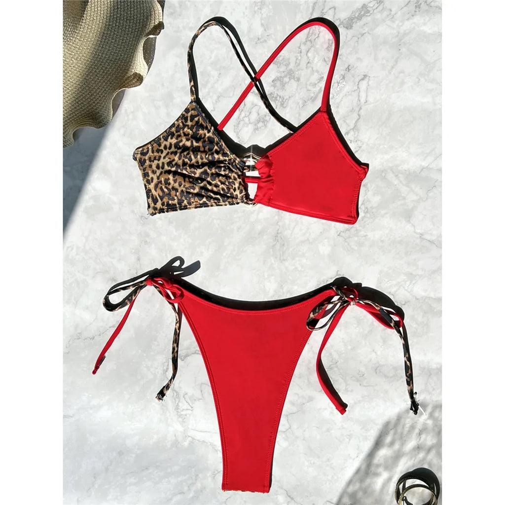 S - XL Leopard Splicing Bikini Female Swimsuit Women Swimwear Two-Pieces Bikini Set Cross Back Bather Bathing Suit Swim V7994