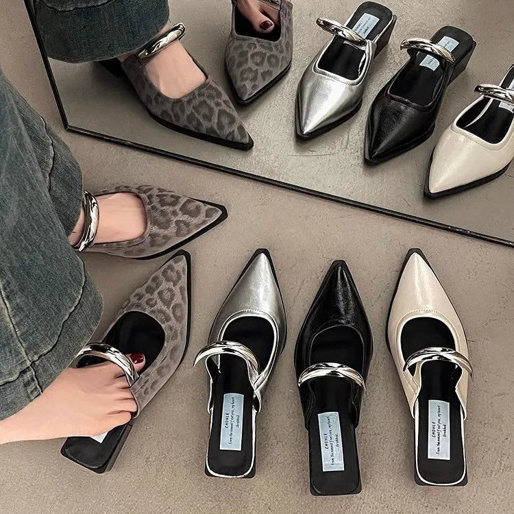 2026 New Summer Women Cover Toe Mules Slippers Fashion Metal Decoration Thick Heel Slide Shoes Comfort Street Style Footwear