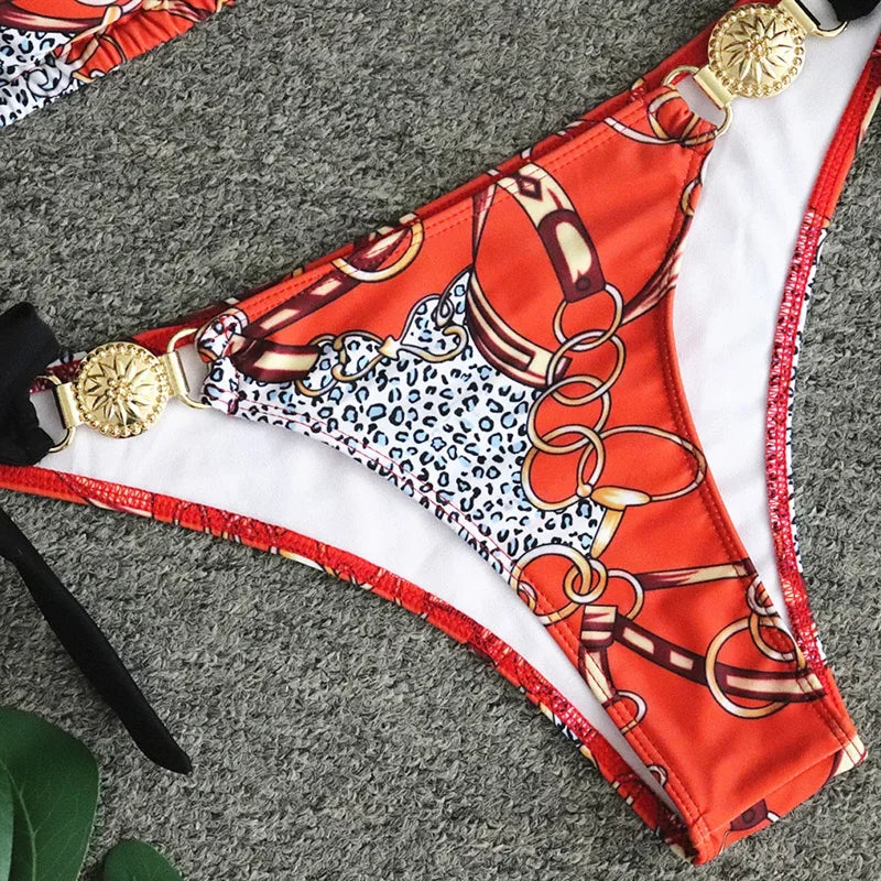 New Print Metal Halter Bikini 2025 Women Swimsuit Female Swimwear Two-pieces Bikini set Brazilian Bather Push Up Bathing Suit